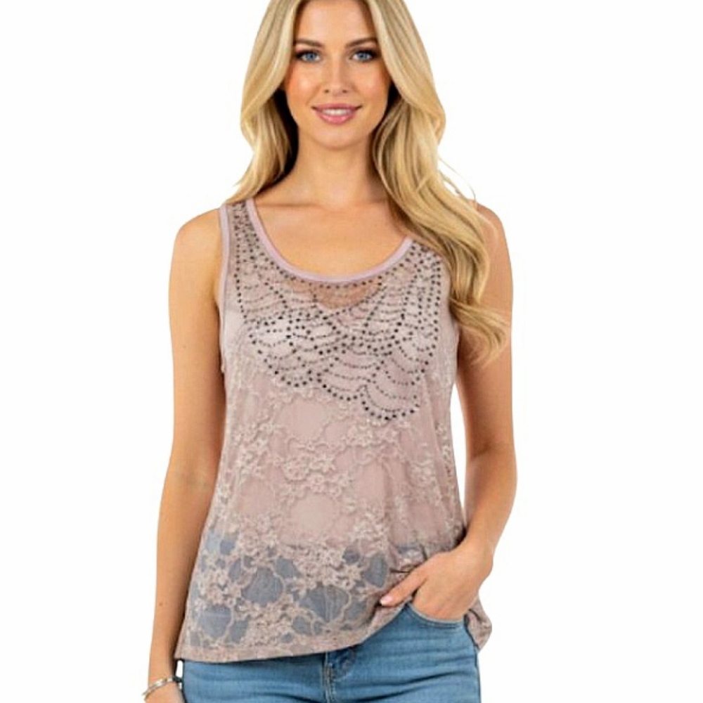 Forever 21 Studdes Sleeveless Top Beige Semi Sheer Size SP